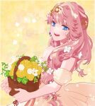  1girl bangs basket blonde_hair blue_eyes detached_sleeves dress flower highres holding holding_basket long_hair looking_at_viewer macross macross_frontier open_mouth rose sechi_(stst1850) sheryl_nome short_sleeves solo yellow_dress yellow_flower yellow_rose 