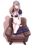  1girl armchair blue_panties breasts brown_hair chair cleavage eyebrows_visible_through_hair fingernails green_eyes head_tilt highres kneehighs kneeling large_breasts long_hair looking_at_viewer maid_headdress navel on_chair original panties panty_pull puffy_short_sleeves puffy_sleeves purple_legwear seto_yuuki short_sleeves shrug_(clothing) simple_background solo underwear white_background 