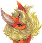  animal_focus commentary english_commentary flareon fluffy gen_1_pokemon green_eyes jpeg_artifacts marker_(medium) mofuo no_humans pokemon pokemon_(creature) simple_background solo standing traditional_media white_background 