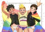  3boys blonde_hair blue_eyes briefs commentary curryxmochi flag highres looking_at_viewer male_focus male_underwear multiple_boys original party_favor rainbow red_eyes short_hair teeth underwear yaoi 