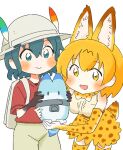  2girls :d animal_ear_fluff animal_ears backpack bag black_gloves blonde_hair blue_eyes blue_hair blush bow bowtie commentary_request elbow_gloves extra_ears gloves hat hat_feather kaban_(kemono_friends) kemono_friends lucky_beast_(kemono_friends) multiple_girls open_mouth print_legwear print_skirt red_shirt serval_(kemono_friends) serval_ears serval_print serval_tail shirt short_hair simple_background skirt smile tail thighhighs wamakwp white_background white_headwear yellow_eyes 