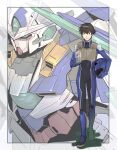  00_qan[t] 1boy black_hair blue_eyes brown_eyes eyebrows_visible_through_hair flower gundam gundam_00 gundam_00_a_wakening_of_the_trailblazer hair_between_eyes helmet highres holding holding_helmet holding_jar mecha mobile_suit nanao_parakeet pilot_suit science_fiction setsuna_f._seiei v-fin 