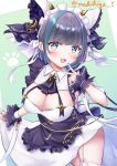  1girl absurdres animal_ears artist_name azur_lane blue_eyes breasts cheshire_(azur_lane) detached_sleeves dress eyebrows_visible_through_hair fake_animal_ears fang frilled_hairband frilled_ribbon frills garter_straps hairband highres large_breasts long_ribbon looking_at_viewer maid maid_headdress makihige multicolored_hair open_mouth puffy_detached_sleeves puffy_sleeves purple_apron purple_hair ribbon simple_background skin_fang solo streaked_hair two-tone_hair white_dress wrist_cuffs 