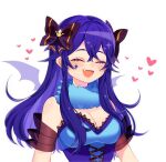  ^_^ black_bow blue_dress blue_hair blush bow breasts cleavage closed_eyes corset dress english_commentary fang fur_scarf hair_behind_ear heart long_hair medium_breasts open_mouth savi_(byakushimc) second-party_source smile tsunderia upper_body virtual_youtuber white_background yazaki_kallin 