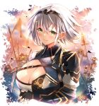  1girl armor belt black_gloves breasts cleavage closed_mouth commentary_request fingerless_gloves gloves green_eyes hattori_9029 hololive large_breasts looking_at_viewer mole mole_on_breast shirogane_noel short_hair shoulder_armor silver_hair smile solo tiara vambraces 