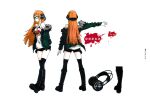 1girl absurdres black_footwear boots character_sheet coat fur-trimmed_coat fur_trim glasses headphones highres huge_filesize long_hair multiple_views official_art orange_hair persona persona_5 production_art sakura_futaba scan shirt simple_background strapless strapless_shirt thighhighs turnaround white_background zip_available 