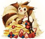  animal_focus banana banana_slice blueberry cherry chocolate commentary_request cream facial_mark fluffy food food_focus fruit furret gen_2_pokemon gradient gradient_background happy looking_up marker_(medium) mofuo no_humans open_mouth oversized_food pancake pokemon red_eyes simple_background smile solo strawberry traditional_media whisker_markings white_background 