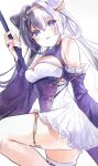  1girl azur_lane bare_shoulders blue_eyes blush breasts chinese_clothes cleavage commentary_request detached_sleeves dress hair_cones highres irohatomo long_hair looking_at_viewer multicolored_hair multiple_girls purple_hair simple_background smile thighhighs two-tone_hair white_hair white_legwear wide_sleeves ying_swei_(azur_lane) 