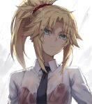  1girl bangs blonde_hair bra braid breasts collared_shirt dress_shirt fate/apocrypha fate_(series) french_braid green_eyes hair_ornament hair_scrunchie highres long_hair long_sleeves looking_at_viewer mordred_(fate) mordred_(fate)_(all) necktie parted_bangs ponytail red_bra scrunchie shirt sidelocks small_breasts tonee underwear wet wet_clothes white_shirt 
