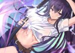  1girl asymmetrical_clothes belt belt_buckle breasts brown_belt buckle closed_mouth denim expressionless holding holding_sheath holding_sword holding_weapon jeans kanzaki_kaori kesoshirou light_rays lips long_hair medium_breasts midriff navel ootachi pants ponytail purple_eyes purple_hair sheath shirt solo sword tied_shirt toaru_majutsu_no_index torn_clothes torn_legwear unsheathing very_long_hair weapon 