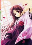  absurdres brown_hair hakama highres japanese_clothes kimono petals pink_eyes ribbon ryohka ryouka_(suzuya) 