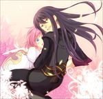  1girl black_eyes black_hair blue_eyes estellise_sidos_heurassein long_hair looking_back pink_background pink_hair short_hair smile sunege tales_of_(series) tales_of_vesperia yuri_lowell 