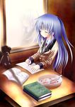  absurdres angel_beats! bad_id bad_pixiv_id blue_hair book closed_eyes highres kotsu long_hair plate reflection school_uniform solo stuffed_animal stuffed_toy teddy_bear tenshi_(angel_beats!) window 