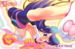  2004 animal_ears arched_back bike_shorts blue_eyes blue_hair cat_ears fang gloves hazuki_(tsukuyomi) highres looking_back midriff nadeara_bukichi navel scan shirt solo split t-shirt top-down_bottom-up tsukuyomi_moonphase upside-down z-vector 