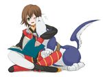  asymmetrical_clothes bad_id bad_pixiv_id book brown_hair choker dog gloves goggles green_eyes mismatched_footwear repede rita_mordio short_hair tales_of_(series) tales_of_vesperia thighhighs white_background wince yasuu! 