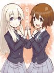  blonde_hair blue_eyes brown_eyes brown_hair hirasawa_yui holding_hands k-on! kotobuki_tsumugi long_hair motorii multiple_girls school_uniform short_hair 