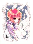  1girl arm_tattoo artist_name bangs barachan bob_cut border breasts cleavage cropped_arms cropped_torso feathered_wings feathers flower flower_tattoo grey_background large_breasts looking_at_viewer original red_eyes red_hair rose short_hair solo tattoo thorns upper_body vinegar_doppio white_border white_feathers white_wings wings 