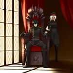  1girl aiguillette boots cosplay dark_skin elf epaulettes grin hanachirasu hat highres ishima_kaigen long_hair mayo-black military military_uniform minato_kageaki nitroplus parody peaked_cap pointy_ears sansei_muramasa smile soukou_akki_muramasa throne uniform white_hair window 