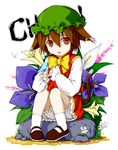 animal_ears bad_id bad_pixiv_id bird bloomers brown_hair cat_ears cat_tail character_name chen earrings flower hat highres jewelry max0201 multiple_tails red_eyes short_hair solo tail touhou underwear 