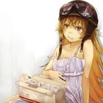  :t bakemonogatari bare_shoulders blonde_hair blush doughnut dress fang food goggles goggles_on_head helmet hidebuu long_hair mister_donut monogatari_(series) oshino_shinobu solo 