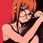  1girl bangs bare_shoulders black-framed_eyewear blunt_bangs collarbone electric_fan glasses grabbing head_rest long_hair moshimoshibe orange_hair persona persona_5 persona_5_the_royal red_background sakura_futaba sidelocks simple_background solo tank_top upper_body 