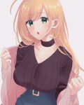  1girl :o ahoge black_sweater blonde_hair blush breasts choker eyebrows_visible_through_hair green_eyes idolmaster idolmaster_cinderella_girls jacket jacket_pull kia large_breasts long_sleeves looking_at_viewer pink_jacket satou_shin simple_background solo sweater upper_body v-neck white_background 