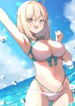  1girl absurdres aqua_bow arm_up armpits asashin_(asn) ass_visible_through_thighs bangs bare_arms bikini blonde_hair blue_sky bow breasts cleavage cloud commentary day eyebrows_visible_through_hair fate/grand_order fate_(series) grey_eyes hair_bow highres large_breasts looking_at_viewer medium_hair navel ocean okita_souji_(fate) okita_souji_(fate)_(all) okita_souji_(swimsuit_assassin)_(fate) open_mouth outdoors sidelocks sky smile solo stomach sunlight swimsuit thigh_gap upper_teeth water water_drop white_bikini 