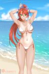  1girl adjusting_hair bangs banned_artist bare_hips bare_legs bare_shoulders bikini breasts circlet green_eyes hair_ribbon headgear highres kimmy77 large_breasts legs looking_at_viewer navel ponytail pyrrha_nikos red_hair ribbon rwby shiny shiny_skin side-tie_bikini smile solo swimsuit tan tanlines thigh_gap 