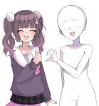  1boy 1other ^_^ bald black_hair black_skirt blush bunny_hair_ornament closed_eyes english_commentary gradient_hair grey_sweater hair_ornament heart_hand_thumb_up_duo indie_virtual_youtuber looking_at_viewer mixed-language_commentary moenaomii moenaomii_(artist) multicolored_hair open_mouth otoko_no_ko pink_hair sailor_collar sharp_teeth skirt smile sweater tail teeth thumbs_up twintails virtual_youtuber 
