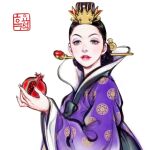  1girl 2020 adobe_fresco alternate_costume alternate_hairstyle black_hair crown disney dress evil_queen food fruit green_eyes grimhilde_(disney) hanbok high_collar holding holding_food holding_fruit korean_clothes korean_traditional_hair_ornament korean_traditional_hat pomegranate print_dress purple_dress purple_robe raised_eyebrows red_lips snow_white_and_the_seven_dwarfs solo traditional_clothes traditional_dress white_background woohnayoung 