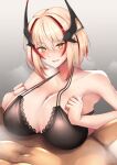  1boy 1girl azur_lane bangs black_bra blonde_hair blush bra breast_squeeze breasts censored cleavage clothed_female_nude_male dain_(bishop_m) eyebrows_visible_through_hair hair_between_eyes headgear hetero lace-trimmed_bra lace_trim multicolored_hair navel nude paizuri paizuri_under_clothes penis roon_(azur_lane) short_hair simple_background squeezing streaked_hair sweat underwear yellow_eyes 