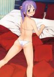  1girl ass bare_arms bare_legs barefoot bikini blush butt_crack feet_out_of_frame flower from_behind hair_flower hair_ornament highres kneepits long_hair looking_at_viewer on_bed open_mouth panties petite pillow purple_eyes purple_hair scan sekiya_asami solo swimsuit twintails underwear untied untied_bikini white_panties 
