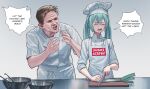  1boy 1girl aqua_hair arguing bangs blue_eyes blush bowl chef chef_hat chef_uniform closed_eyes cooking crying cutting_board dialogue_box english_commentary english_text gordon_ramsay hat hatsune_miku hell&#039;s_kitchen highres holding holding_knife knife leek long_hair open_mouth real_life screaming simple_background sugoi_dekai vertigris vocaloid 