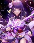  1girl bangs blunt_bangs braid breasts bridal_gauntlets cleavage commentary electricity english_commentary eyebrows_visible_through_hair flower genshin_impact hair_flower hair_ornament highres holding holding_sword holding_weapon japanese_clothes katana kimono large_breasts long_hair looking_at_viewer mole mole_under_eye purple_eyes purple_flower purple_hair raiden_(genshin_impact) ribbon sash solo sword symbol_commentary tassel tomoe_(symbol) twitter_username vision_(genshin_impact) weapon wide_sleeves xgreenkyun 