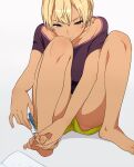  1girl blonde_hair blue_eyes clipping_nails closed_mouth green_shorts grey_background nail_clippers original shinjiro shirt short_hair short_shorts short_sleeves shorts simple_background sitting solo toenails toes 