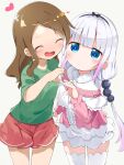  2girls :d ^_^ bangs beads black_hairband blue_eyes blunt_bangs brown_hair capelet center_frills closed_eyes commentary_request frilled_capelet frills green_shirt hair_beads hair_ornament hairband heart heart_hands heart_hands_duo highres kanna_kamui kobayashi-san_chi_no_maidragon long_hair long_sleeves looking_at_viewer low_twintails makuran multiple_girls open_mouth red_skirt saikawa_riko shirt short_sleeves silver_hair simple_background skirt smile thighhighs twintails white_background white_legwear 