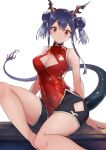  1girl arknights arm_support bangs bare_arms bare_legs bare_shoulders black_shorts blue_hair breasts ch&#039;en_(ageless_afterglow)_(arknights) ch&#039;en_(arknights) china_dress chinese_clothes cleavage cleavage_cutout clothing_cutout commentary_request covered_navel double_bun dragon_horns dragon_tail dress eyebrows_visible_through_hair feet_out_of_frame hair_between_eyes head_tilt highres horns large_breasts long_hair looking_at_viewer official_alternate_costume purple_eyes red_dress short_shorts shorts sidelocks simple_background sitting sleeveless sleeveless_dress solo tail thighs white_background yuzuruka_(bougainvillea) 