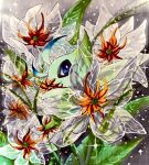  antennae blue_eyes celebi commentary_request covered_mouth dew_drop fairy fairy_wings flower gen_2_pokemon grey_background highres leaf legendary_pokemon looking_at_viewer marker_(medium) mofuo mythical_pokemon no_humans orange_flower outdoors pokemon pokemon_(creature) solo sparkle traditional_media transparent water water_drop white_flower wings 