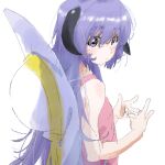  1girl bangs bare_shoulders blush closed_mouth clothing_request eyebrows_visible_through_hair hair_between_eyes hanyuu hat hat_on_back higurashi_no_naku_koro_ni horns large_hat long_hair looking_at_viewer looking_back minoo_chi purple_hair simple_background smile solo standing upper_body white_background 