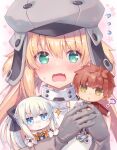  1boy 2girls ? artoria_pendragon_(all) artoria_pendragon_(caster)_(fate) bangs bare_shoulders black_bow blonde_hair blue_eyes blush bow braid chibi closed_mouth commentary_request eyebrows_visible_through_hair fate/grand_order fate_(series) flying_sweatdrops french_braid gloves green_eyes grey_gloves grey_headwear hair_between_eyes hair_bow hat holding japanese_clothes long_hair looking_at_viewer miniboy minigirl morgan_le_fay_(fate) multiple_girls open_mouth ponytail red_hair rioshi sengo_muramasa_(fate) short_hair siblings silver_hair sisters sweatdrop twintails yellow_eyes 
