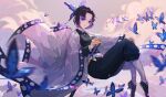  1girl artist_name belt belt_buckle black_hair black_jacket black_pants blue_eyes breasts buckle bug butterfly butterfly_hair_ornament closed_mouth colored_tips floating full_body hair_ornament haori highres insect jacket japanese_clothes katana kimetsu_no_yaiba kochou_shinobu lance_(lancelliu) large_breasts lips looking_at_viewer multicolored_hair pants purple_hair sheath sheathed solo sword two-tone_hair weapon white_belt 