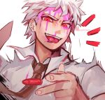  1boy artist_name bangs blood blood_on_face brown_neckwear bullet collared_shirt danganronpa_(series) danganronpa_2:_goodbye_despair english_commentary floating floating_object gabby_(moochisun) grey_shirt highres hinata_hajime hinata_hajime_(awakened) looking_at_viewer male_focus necktie open_mouth pink_blood red_eyes shirt short_hair simple_background solo spiked_hair tongue tongue_out upper_body upper_teeth white_background white_hair 