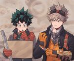  2boys absurdres alternate_costume bakugou_katsuki bangs belt black_hair black_jacket boku_no_hero_academia brown_belt brown_gloves clenched_teeth commentary freckles gloves goggles goggles_on_head green_eyes green_hair hand_up highres holding holding_pen jacket long_sleeves male_focus map midoriya_izuku modo_(modo_s2) multiple_boys open_clothes open_jacket orange_gloves orange_vest pen red_eyes shirt short_hair spiked_hair teeth upper_body vest white_shirt 