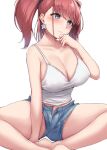  1girl absurdres atlanta_(kancolle) barefoot blue_shorts blush breasts brown_hair cleavage collarbone earrings eyebrows_visible_through_hair grey_eyes highres jewelry kantai_collection kiritto large_breasts long_hair shorts simple_background solo star_(symbol) star_earrings two_side_up white_background 