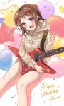  1girl :d absurdres aranami_shibuki balloon bang_dream! bangs blush breasts brown_hair clothes_writing commentary confetti drawstring electric_guitar esp_guitars eyebrows_visible_through_hair guitar hair_between_eyes hair_cones hair_ornament happy_birthday head_tilt heart_balloon highres holding holding_instrument hood hood_down hoodie hoodie_dress instrument long_sleeves looking_at_viewer medium_hair open_mouth purple_eyes shadow sidelocks sitting small_breasts smile solo star_(symbol) star_balloon star_hair_ornament toyama_kasumi upper_teeth v white_background yellow_hoodie 