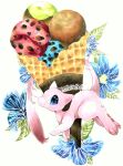  animal_focus blue_eyes blue_flower commentary_request flower food food_focus from_side full_body gen_1_pokemon highres ice_cream ice_cream_cone legendary_pokemon looking_at_viewer marker_(medium) mew mofuo mythical_pokemon no_humans oversized_food pawpads pokemon pokemon_(creature) solo traditional_media waffle_cone white_background 