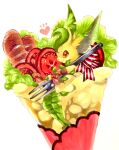  animal_focus baguette bow bread brown_eyes closed_mouth commentary_request crepe food food_focus fork from_side gen_4_pokemon happy heart highres holding holding_fork in_food leafeon marker_(medium) mofuo no_humans notice_lines oversized_food oversized_object pawpads pokemon pokemon_(creature) red_bow simple_background smile solo striped striped_bow tomato tomato_slice traditional_media white_background 