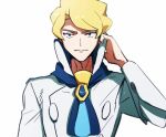  1boy ascot blonde_hair blue_eyes blue_neckwear closed_mouth commentary_request elite_four hand_up high_collar looking_at_viewer male_focus morio_(poke_orio) pokemon pokemon_(game) pokemon_xy shirt short_hair siebold_(pokemon) simple_background solo upper_body white_background white_shirt 