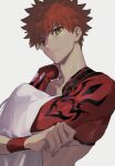  1boy arm_across_chest bangs brown_eyes emiya_shirou fate/grand_order fate_(series) igote itefu limited/zero_over looking_at_viewer male_focus orange_hair sengo_muramasa_(fate) simple_background smile solo spiked_hair upper_body white_background wristband 