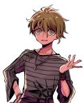  1boy :d amami_rantarou bangs collarbone commentary_request danganronpa_(series) danganronpa_v3:_killing_harmony eyebrows_visible_through_hair green_eyes green_hair hair_between_eyes hand_on_hip jewelry long_sleeves looking_at_viewer mako_gai male_focus messy_hair necklace open_mouth ring shirt short_hair simple_background smile solo striped striped_shirt upper_body white_background 
